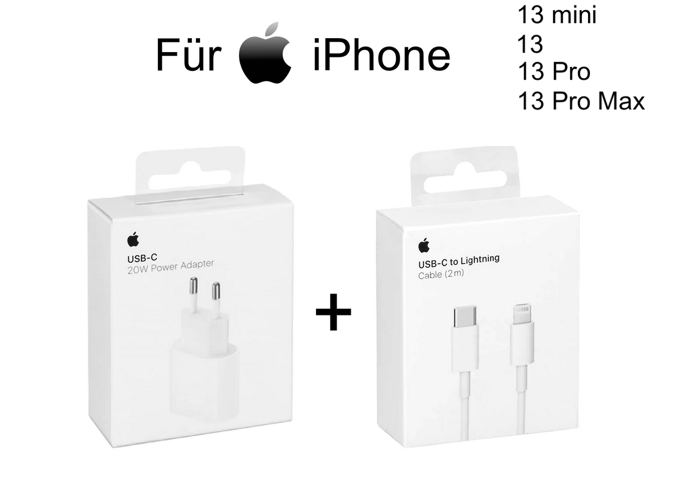 Apple iPhone 13 | 13 Mini | 13 Pro | 13 Pro Max | 20W Ladegerät MHJJ83ZM/A + 2m USB‑C auf Lightning Ladekabel MKQ42AM/A